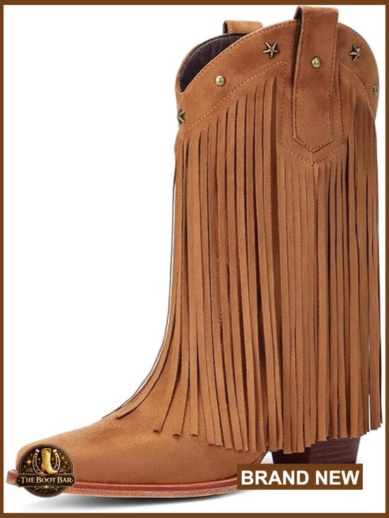Shoes - Mid Calf Cowboy Boots with Fringe, Star Studded, Pointed Toe, Chunky Heel